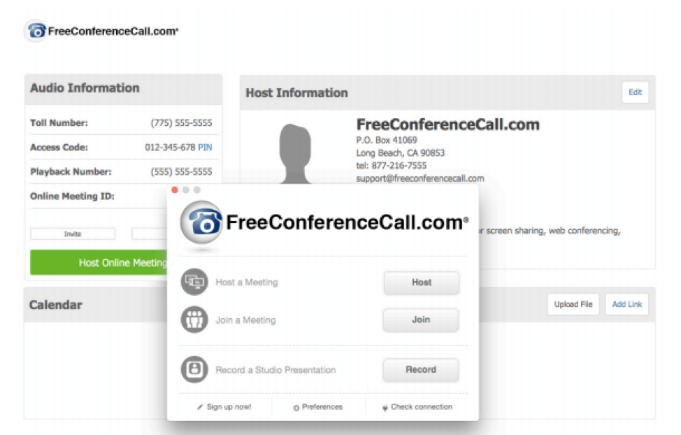 Screen shot of FreeConferenceCall mobile app on top of account information page