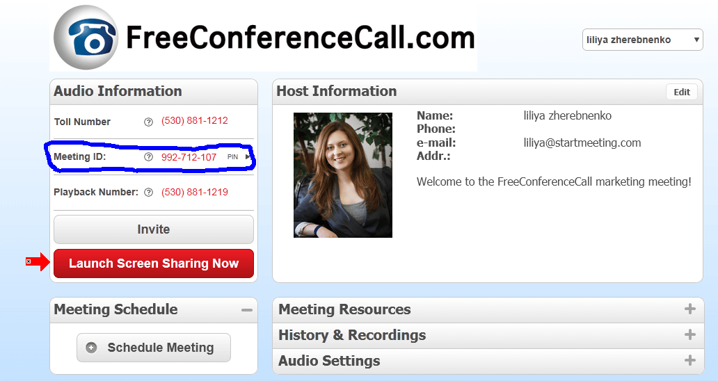 FreeConferenceCall.com wall with the 'Meeting ID' circled in blue